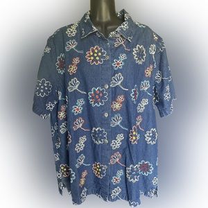 Vintage CST Blues Floral Beaded Denim Button Down Short Sleeve Blouse